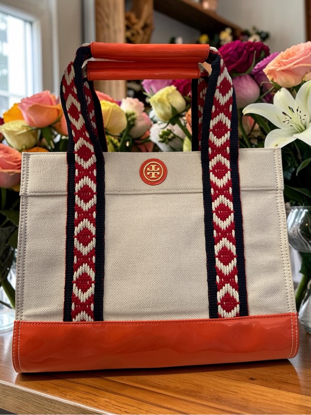 Tory Burch Cream Canvas Tote with Orange Trim